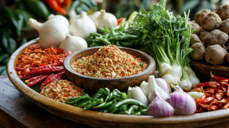 A fusion cuisine presentation where Nam Prik is paired with non-traditional vegetables, illustrating the adaptability of this Thai condiment.の素材