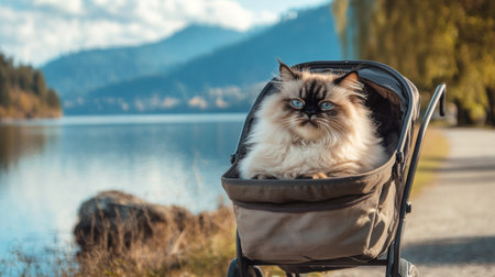 A fluffy Himalayan cat sitting calmly in a pet stroller, enjoying a slow ride along a quiet lakeside walkway.の素材