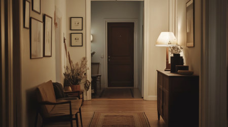 A cozy Scandinavian-style hall with neutral tones, soft lighting, and minimalist furniture. The space feels warm and welcoming with a natural aesthetic.の素材