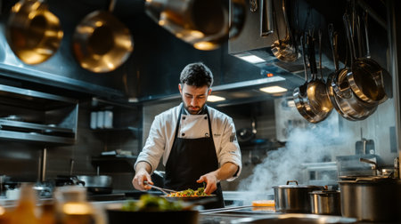 A chef preparing a delicious meal in a professional restaurant kitchen, with stainless steel surfaces and hanging pots.の素材