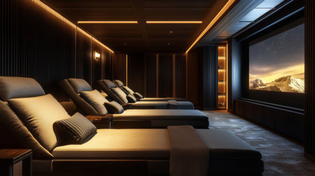 A luxurious home theater room with a row of reclining sofas, a big screen, and dim ambient lighting.の素材
