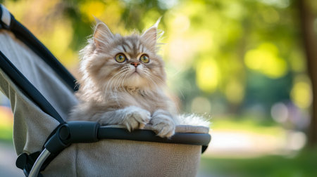 A fluffy Persian cat sitting comfortably in a stylish pet stroller, looking curiously at the surroundings in a peaceful park.の素材