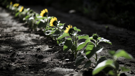 A row of sunflower seedlings reaching toward the sunlight, symbolizing hope and new opportunities.の素材