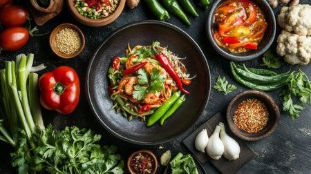 A modern Thai restaurant setting with Nam Prik elegantly plated alongside fresh vegetables, showcasing contemporary culinary presentation.の素材