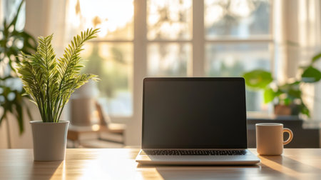 A modern minimalist work desk with a sleek laptop, a potted plant, and a warm coffee cup, set against a bright and airy home office.の素材