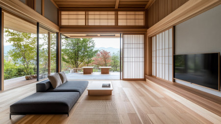 A Japanese-inspired minimalist home with natural wood elements, sliding doors, and an open, harmonious layout.の素材