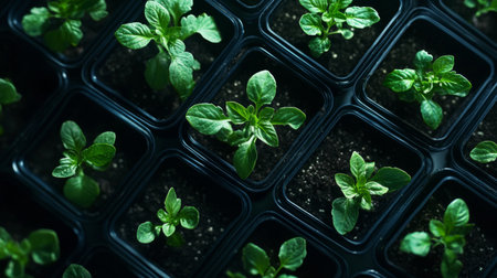 A top-down view of multiple young seedlings growing in black nursery trays, ready for transplantation.の素材