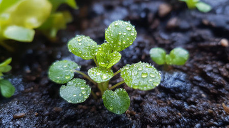 A macro shot of a tiny sprout emerging from the soil, with water droplets on its fresh green leaves.の素材