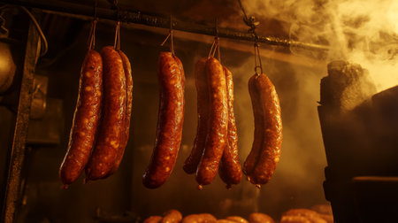 Smoked sausages hanging in a smokehouse, surrounded by a warm golden glow from the curing process.の素材