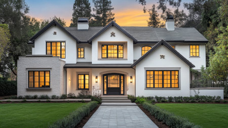 A two-story minimalist house with a white and gray exterior, large windows, and a well-manicured front yard.の素材