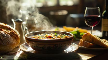 An inviting table set with a steaming bowl of minestrone, a crusty loaf of bread, and a glass of red wine, creating a cozy atmosphere for a comforting Italian meal.の素材