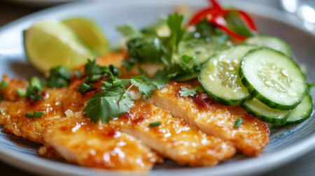 A beautifully arranged plate of  served with a fresh cucumber salad and a wedge of lime, emphasizing the freshness and balance of flavors in this popular dish.の素材