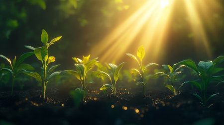 A beautiful sunrise illuminating a newly planted forest area, with rays of sunlight shining through the leaves, representing hope and renewal in nature.の素材