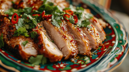 A close-up of a crispy pork dish garnished with fresh herbs and chili slices, served on a colorful plate, capturing the flavors of traditional cuisine.の素材