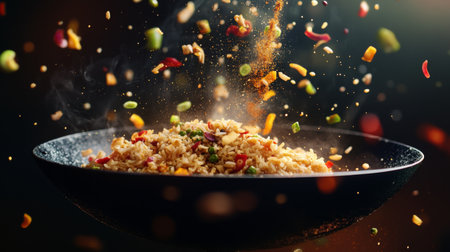 A chef skillfully tossing curried fried rice in a hot wok, with colorful ingredients flying and aromatic spices filling the air, showcasing the cooking process.の素材
