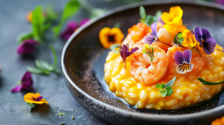 A beautifully presented saffron risotto topped with delicate shrimp and edible flowers, highlighting the dishs elegance and vibrant colors in an upscale dining setting.の素材