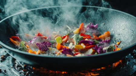 A close-up of a frying pan sizzling with colorful vegetables and spices, capturing the excitement of cooking and the rich colors of fresh ingredients.の素材