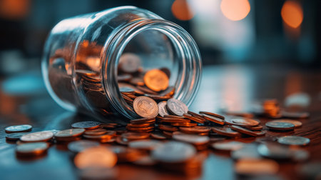 A close-up of a glass jar filled with coins and dollar bills on a wooden table, symbolizing the concept of saving money and setting financial goals for the future.の素材