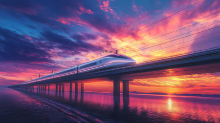 A breathtaking sunset view of a high-speed train crossing a majestic bridge, with vibrant colors illuminating the sky, symbolizing the future of travel.の素材