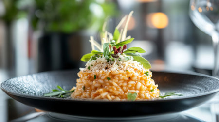 A creamy plate of risotto garnished with freshly grated Parmesan cheese and vibrant herbs, showcasing the rich texture and inviting aroma of this classic Italian dish.の素材