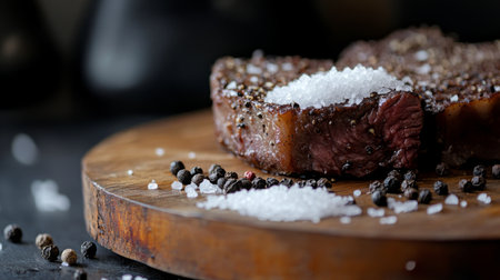 A close-up of a seasoned bistecca on a wooden platter, garnished with sea salt and black pepper, emphasizing the simplicity and quality of the ingredients.の素材