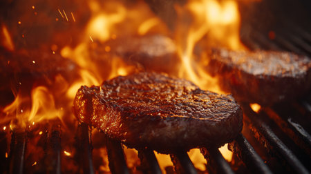 A close-up shot of marbled beef steaks sizzling on a hot grill, with flames licking the sides, capturing the essence of a summer barbecue.の素材
