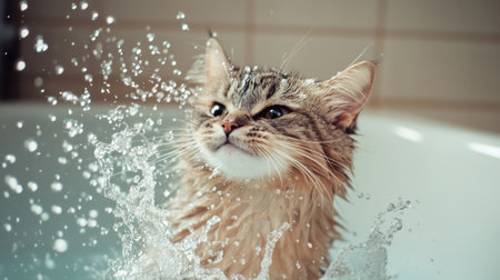 A cat mid-shake in the bath, water droplets flying everywhere as it tries to shake off the water, creating a humorous splash effect.の素材