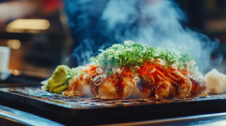 A close-up of a steaming plate of takoyaki served with pickled ginger and wasabi on the side, inviting diners to indulge in this savory treat.の素材