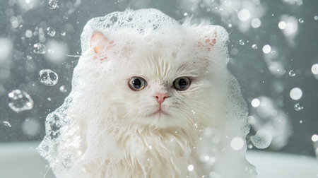 A fluffy white cat covered in soap bubbles during bath time, its fur slicked back, looking both adorable and funny.の素材