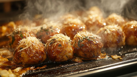 A close-up of freshly made takoyaki balls sizzling on a hot griddle, golden brown with crispy edges, topped with bonito flakes and drizzled with sauce.の素材