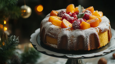 A delicious polenta cake decorated with seasonal fruits and a dusting of powdered sugar, highlighting its versatility as both a savory and sweet dish.の素材