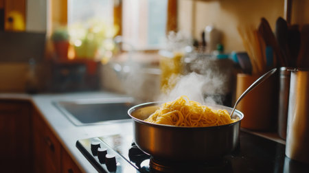 A cozy kitchen scene with a pot of boiling pasta in the background and a bowl of carbonara on the countertop, emphasizing the home-cooked comfort of Italian cuisine.の素材