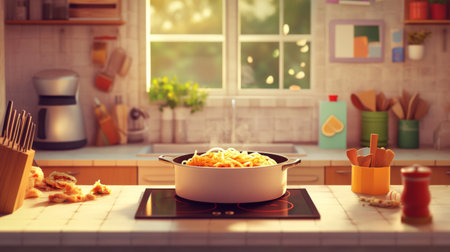A cozy kitchen scene with a pot of boiling pasta in the background and a bowl of carbonara on the countertop, emphasizing the home-cooked comfort of Italian cuisine.の素材