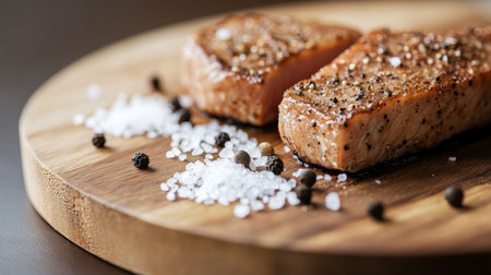 A close-up of a seasoned bistecca on a wooden platter, garnished with sea salt and black pepper, emphasizing the simplicity and quality of the ingredients.の素材