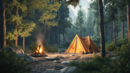 A cozy campsite set up in a serene forest, featuring a brightly colored tent, a crackling campfire, and surrounding trees, creating a perfect outdoor retreat for nature lovers.の素材