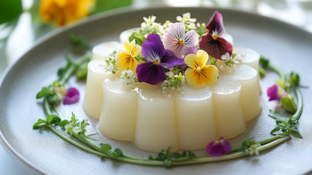 A gourmet presentation of  on an elegant plate, garnished with edible flowers and microgreens, showcasing a modern twist on this traditional Thai favorite.の素材