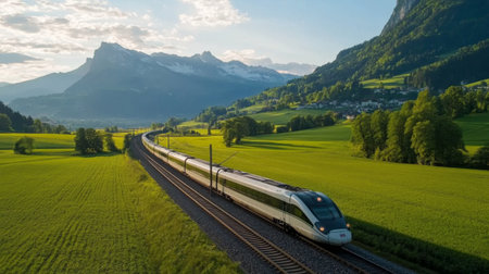 A sleek high-speed train racing through a picturesque countryside, with lush green fields and mountains in the background, showcasing the power of modern transportation.の素材