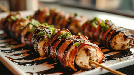 A plate of bacon-wrapped asparagus drizzled with balsamic glaze, highlighting a gourmet appetizer perfect for entertaining guests.の素材