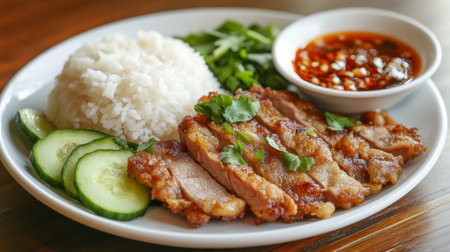 A plate of deliciously crispy pork served with steamed rice, fresh cucumber slices, and a flavorful dipping sauce, highlighting a traditional Thai meal.の素材