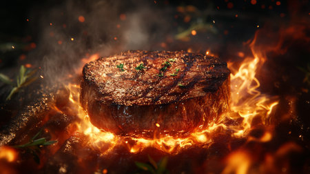 A juicy, medium-rare steak sizzling on a grill, with perfect grill marks and a smoky char, surrounded by flames and herbs.の素材