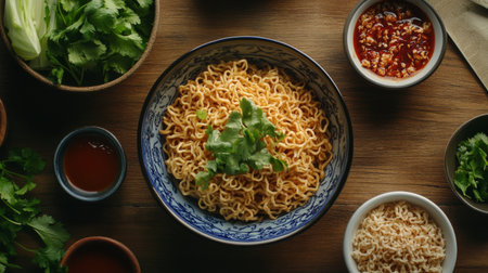 A rustic dining table set for a casual meal featuring instant noodles in bowls, alongside sauces and fresh herbs for customization, inviting everyone to dig in.の素材