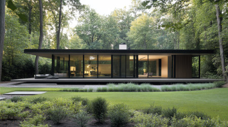 A sleek modern house with a flat roof, large glass panels, and minimalist landscaping, blending seamlessly with nature, showcasing clean lines and open spaces.の素材