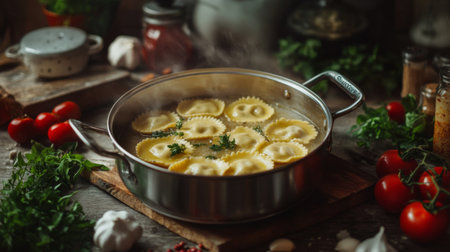A rustic kitchen scene featuring a pot of ravioli simmering in a bubbling broth, surrounded by fresh herbs, tomatoes, and garlic, showcasing a comforting home-cooked meal.の素材