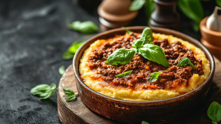 A rustic dish of polenta served with a hearty meat sauce, garnished with fresh basil, emphasizing the comforting and hearty qualities of traditional Italian cuisine.の素材