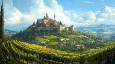 A scenic view of a hilltop European castle surrounded by rolling hills and vineyards, capturing the majestic architecture and picturesque landscape.の素材