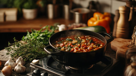 A rustic kitchen scene featuring a pot of simmering minestrone on the stove, surrounded by fresh herbs, vegetables, and garlic, showcasing the warmth of homemade cooking.の素材