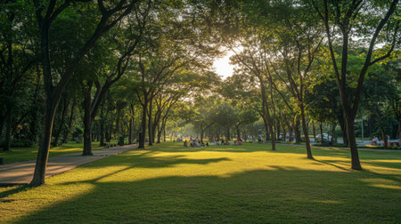 A serene scene of a park in Bangna Kauda, featuring lush greenery, families enjoying picnics, and children playing, capturing the essence of community and leisure.の素材