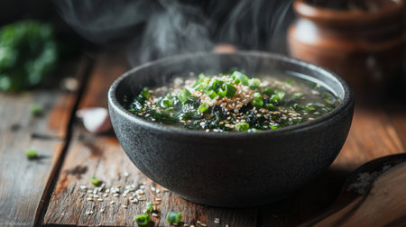 A steaming bowl of seaweed soup garnished with sesame seeds and green onions, set on a rustic wooden table, inviting diners to enjoy its warm flavors.の素材