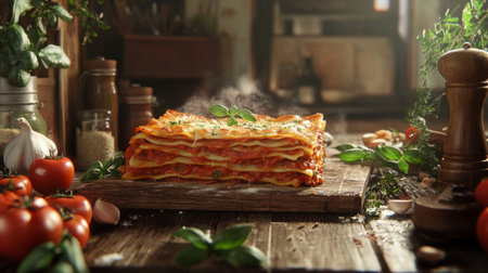 A rustic kitchen scene with a freshly baked lasagna on a wooden table, surrounded by ingredients like tomatoes, herbs, and garlic, showcasing the essence of homemade cooking.の素材
