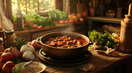 A rustic kitchen scene with a pot of crispy pork simmering in sauce, surrounded by fresh vegetables and aromatic spices, showcasing home cooking.の素材
